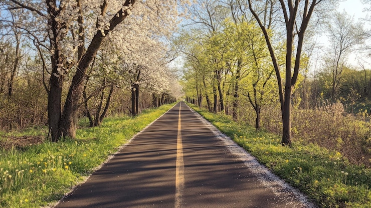 PSD scenic spring path with blooming trees and sunlight