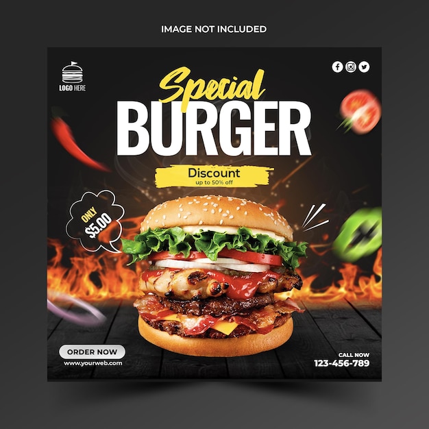 Schablone für die Gestaltung von Social-Media-Posts für Black Burger Spicy