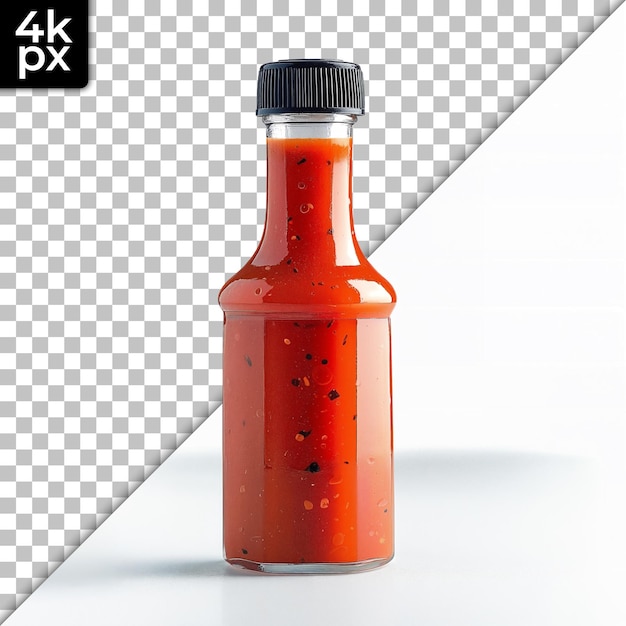Scharfe Sauce-Flasche mit Chili-Flecken auf durchsichtigem Hintergrund