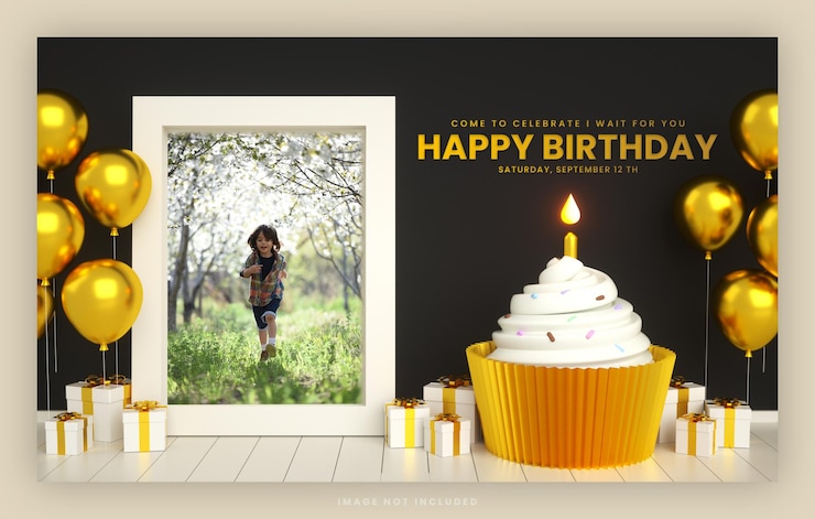 PSD scheda dell'invito della torta dell'insegna di buon compleanno per il modello della posta dorata nera con il modello