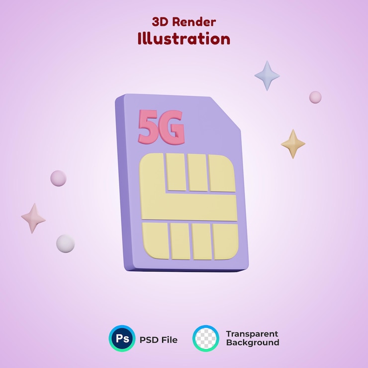 PSD scheda sim del telefono con l'illustrazione dell'icona di rendering 3d del testo 5g