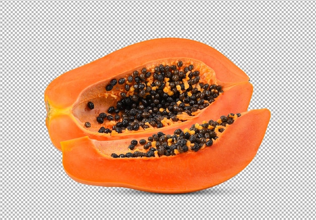 Scheibe reife und halbe Papaya auf dem weißen Hintergrund isoliert