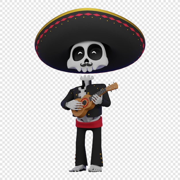 Scheletro in un costume maschile messicano con un sombrero che suona il concetto di ukulele di El Dia de Muertos