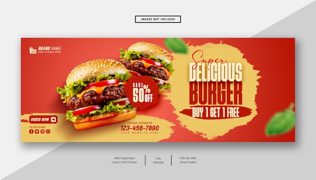 Schema di banner di copertina di Facebook per un delizioso menu di hamburger e cibo