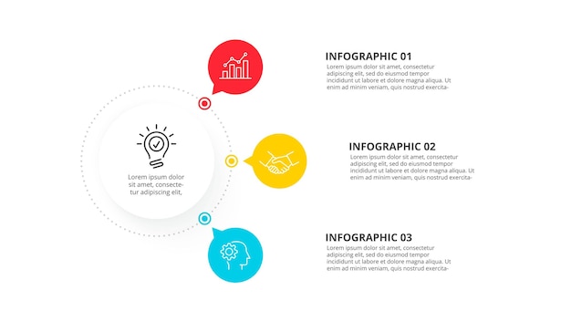 Schéma moderne avec 3 éléments connectés au cercle principal Modèle de conception infographique