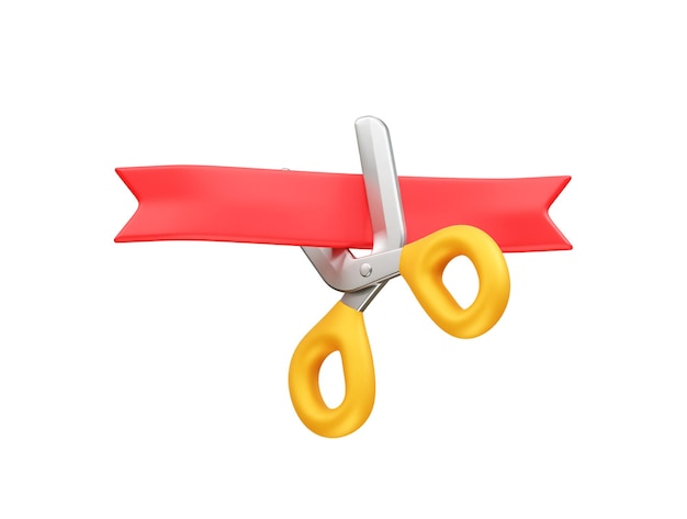 Schere, die ein rotes Band-Symbol schneidet 3d Band-Schneid-Symbon 3d-Rendering