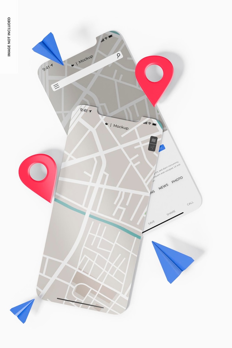 PSD schermata dell'app di posizione con icon mockup, vista dall'alto