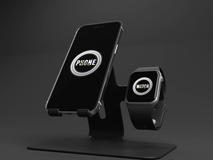 PSD schermo del telefono cellulare con smart watch mockup 3d reso