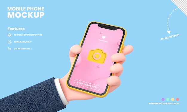 Schermo per smartphone o telefono cellulare pro mockup isolato con rendering 3d della posizione del telefono della tenuta della mano