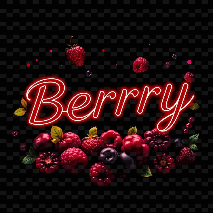 PSD schimmernder beere text in neonrot geschmückt mit saftigen beeren und frui neon lecker typografie design