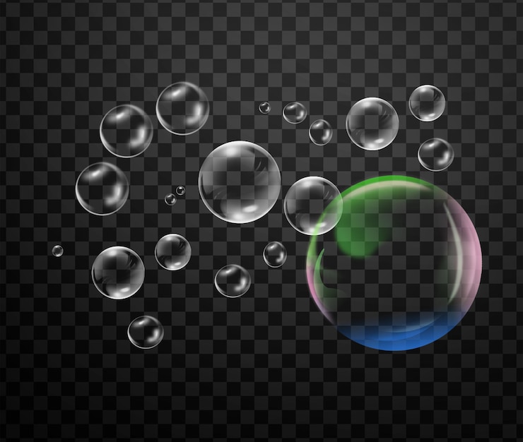 PSD schiuma di sapone e bolle di diversa forma realisticamente isolate su uno sfondo trasparente