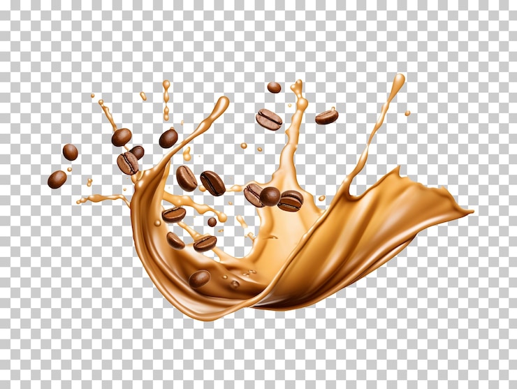 PSD schizzi di caffè con chicchi di caffè isolati su sfondo trasparente png psd