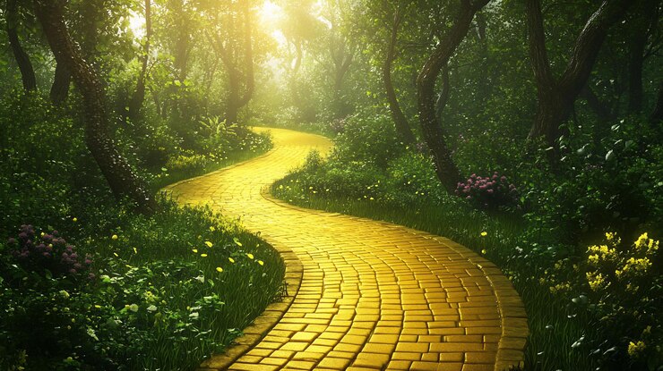 PSD schlängelnde gelbe ziegelsteinstraße durch einen üppig grünen wald mit sonnenlicht