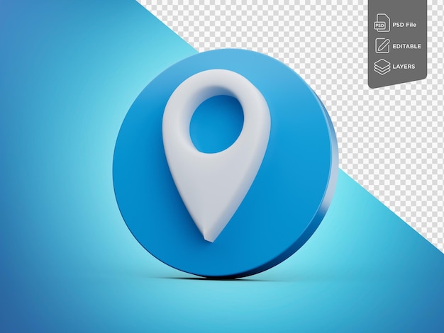 Schlankes weißes Standort-Pin-Kartenzeiger-Symbol mit abgerundetem blauen Ikonen 3D-Illustration