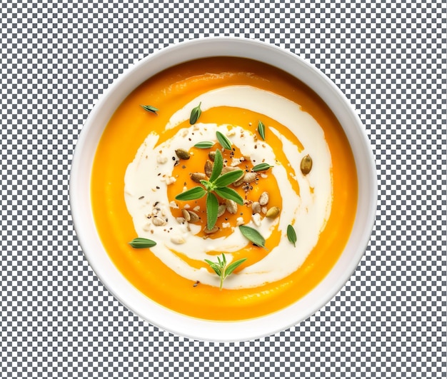 Schmackhafte und köstliche butternut squash suppe isoliert auf durchsichtigem hintergrund