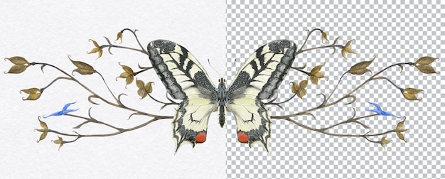 Schmetterlings-machaon und wiesengras-banner. natürliche aquarellillustration, vignette für grüße und einladung