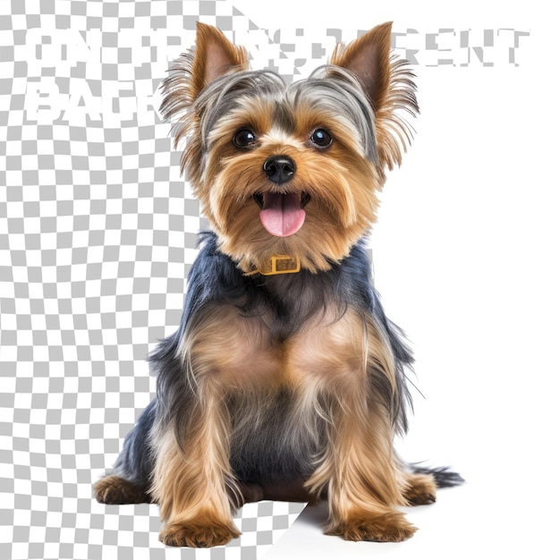 PSD schmutziger, erwachsener blau-golder yorkshire terrier, der nach vorne schaut, in die kamera schaut und lächelt, isoliert auf einem transparenten hintergrund.