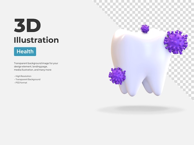 Schmutziger zahn mit keimsymbol zahnarztsymbol 3d-darstellung