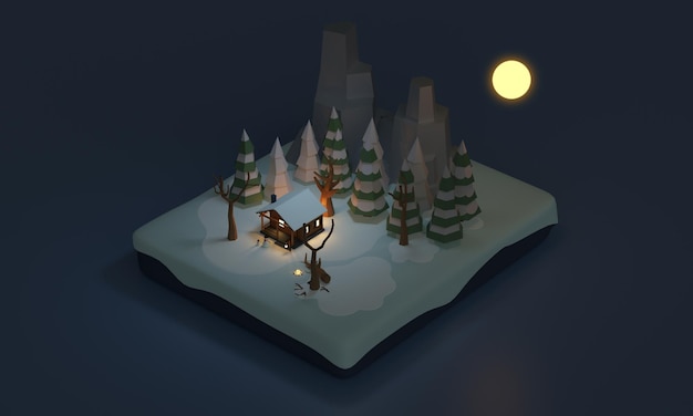 Schneebedeckte Blockhütte in der Nacht Isometrische 3D-Rendering