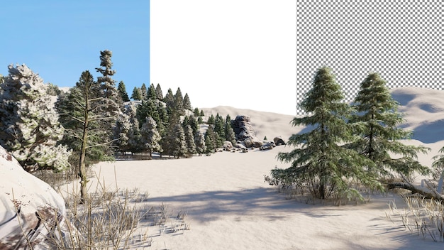 PSD schneebedeckter kiefernwald, transparenter hintergrund, 3d-rendering