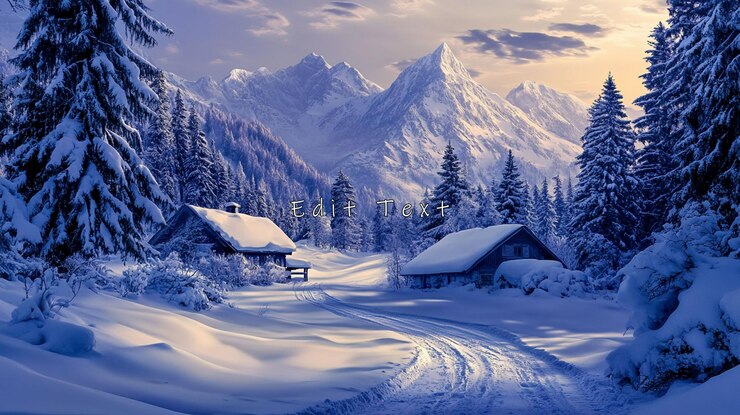 PSD schneebedecktes bergtal mit zwei gemütlichen hütten und einem kurvenreichen pfad