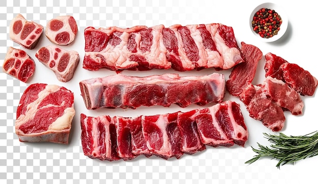 Schneidet rohes Fleisch einschließlich Rindfleisch kurzer Rippen auf durchsichtigem Hintergrund