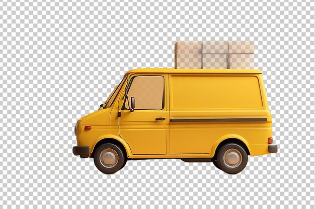 Schnelles Express-Lieferkonzept Rücksicht auf einen gelben Lieferwagen mit Kartonkisten auf gelben Hintergrund 3D-Illustration