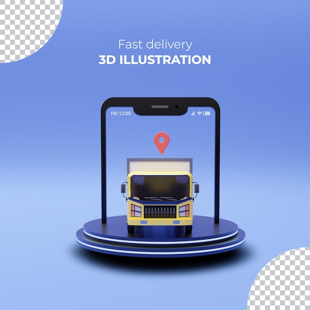 PSD schnelles lieferpaket per service auf dem smartphone auf dem podium