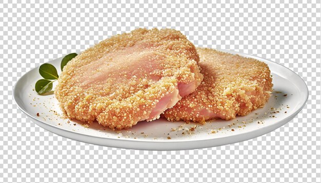 PSD schnitzel sur une assiette blanche isolée sur un fond transparent