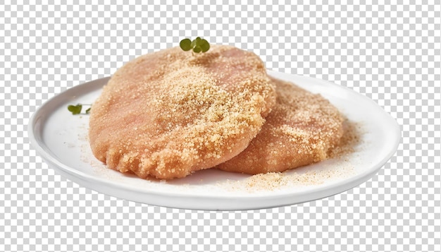 Schnitzel en un plato blanco aislado sobre un fondo transparente