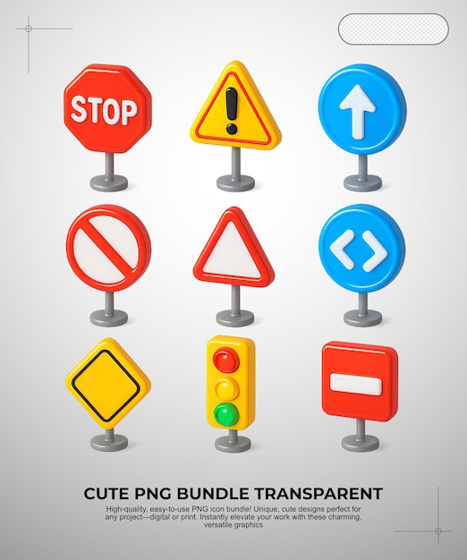 Schöne 3D-Verkehrs- und Straßenschilder PNG-Bundle