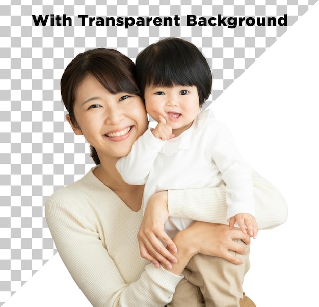 Schöne asiatische Mutter mit süßem kleinen Baby PNG PSD isoliert auf durchsichtigem Hintergrund
