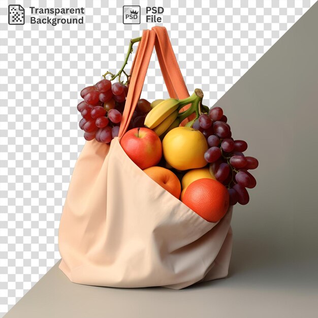 PSD schöne aussicht auf eine bunte auswahl an früchten, darunter rote trauben, orangen und eine gelbe zitrone, die in einer weißen tüte vor einer grau-weißen wand angeordnet sind