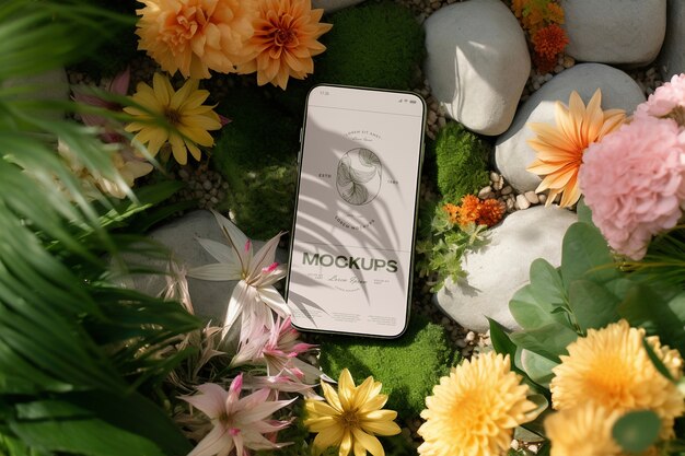 PSD schöne blumen mit smartphone.