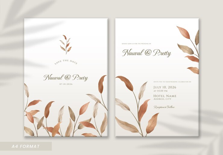 schöne braune blätter aquarell doppelseitige hochzeitseinladungsvorlage