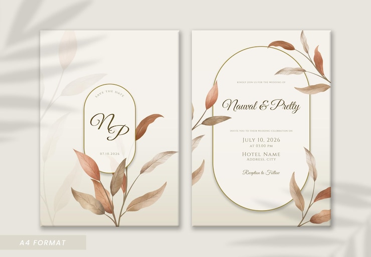 schöne braune blätter aquarell doppelseitige hochzeitseinladungsvorlage