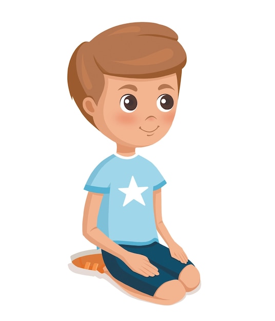 Schöne Cartoon-Kinderfigur, die auf Knien sitzt und auf weißem Hintergrund isoliert ist