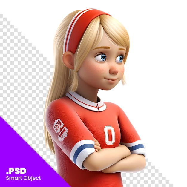 PSD schöne cartoon-mädchen mit einem fußball-fan-kostüm3d-rendering-psd-vorlage