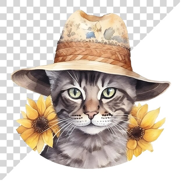 Schöne cartoon-wasserfarbenkatze mit sonnenblumen auf durchsichtigem hintergrund