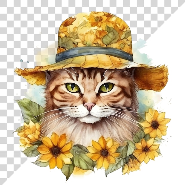 PSD schöne cartoon-wasserfarbenkatze mit sonnenblumen auf durchsichtigem hintergrund