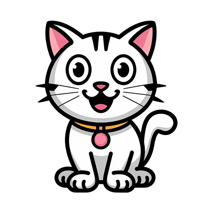 PSD schöne cartoon-weiße katze mit halsband mit durchsichtigem hintergrund