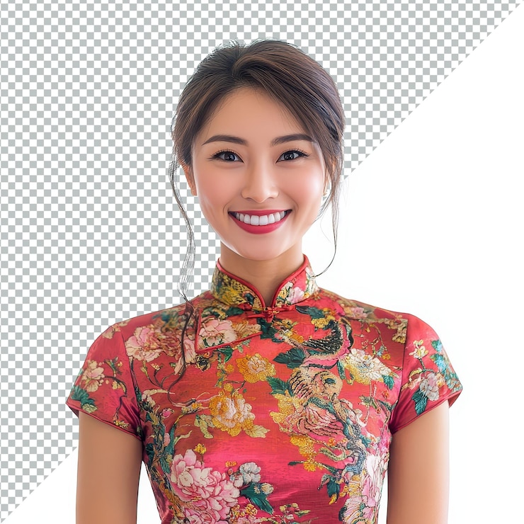 PSD schöne chinesische frau in einem lebendigen blumenkleid lächelt leuchtend vor einem hellen hintergrund ein porträtfoto von einer schönen lächelnden chinesischen frau in einem qipao-isolierten transparenten hintergrund
