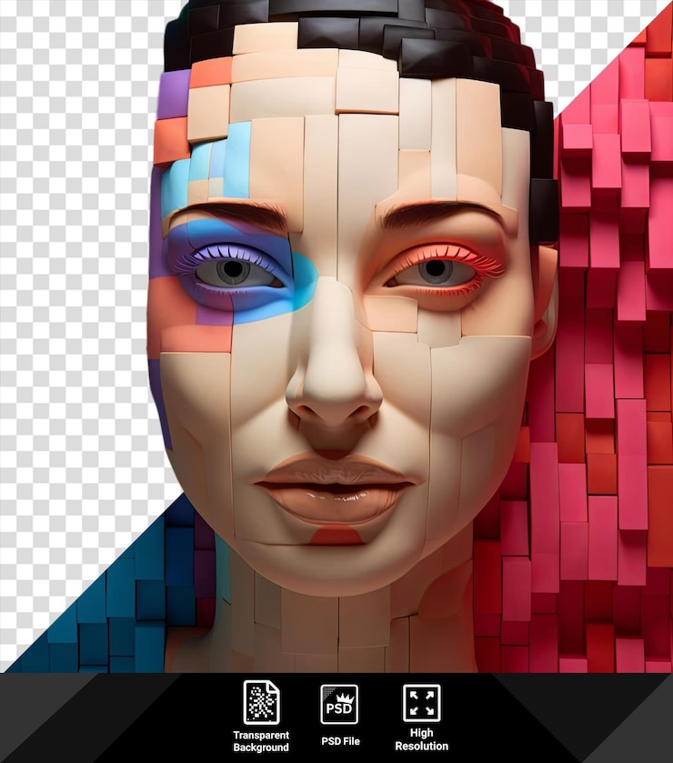 PSD schöne digitale kunst einer frau mit blauen augen, einer großen nase und einem offenen mund, die vor einer blauen wand steht, mit einem großen ohr, das im vordergrund sichtbar ist