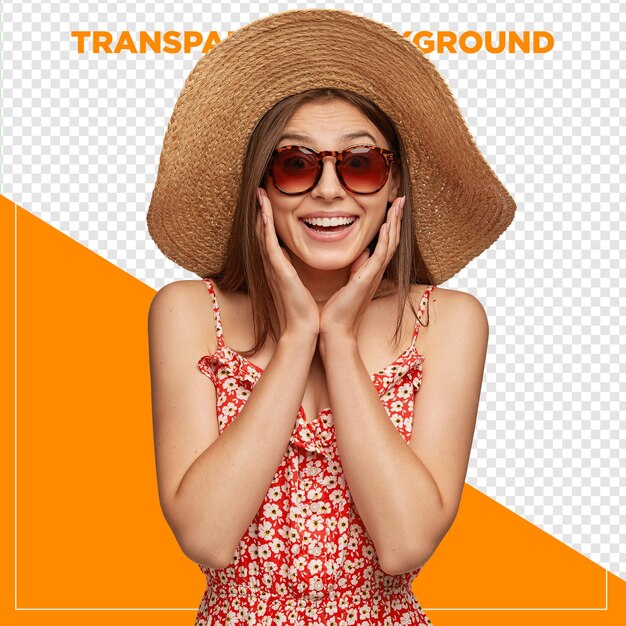 Schöne Frau mit Hut und Brille mit Händen auf dem Gesicht im Sommerurlaub mit durchsichtigem Rücken
