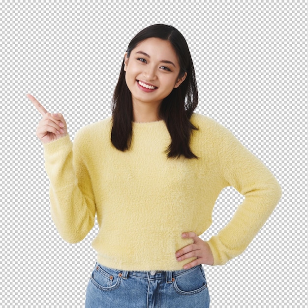 Schöne, glückliche asiatische Frau in gelbem Pullover, eingeladene Jeans, nutzen Sie den Promo-Code, spezielles Rabattangebot