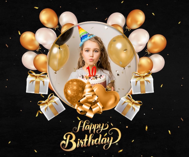 Schöne Glückwunschkarte zum Geburtstag mit Luftballons und goldenem Fotorahmen
