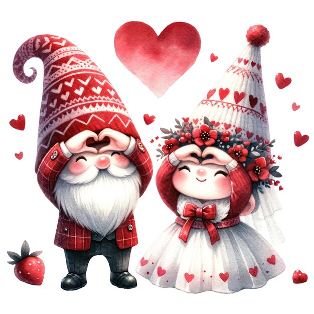 PSD schöne gnome-paar hochzeit valentinstag aquarell clipart-illustration