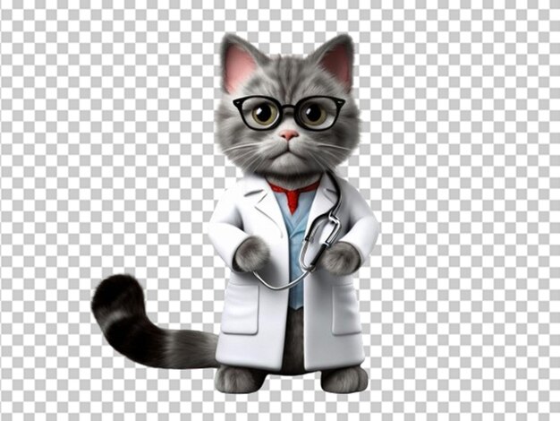 Schöne graue Doktorkatze in einer weißen medizinischen Jacke