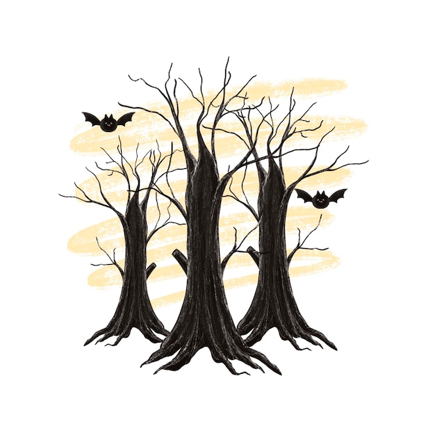 PSD schöne halloween-tree-textur-illustration, die von hand gezeichnet wird