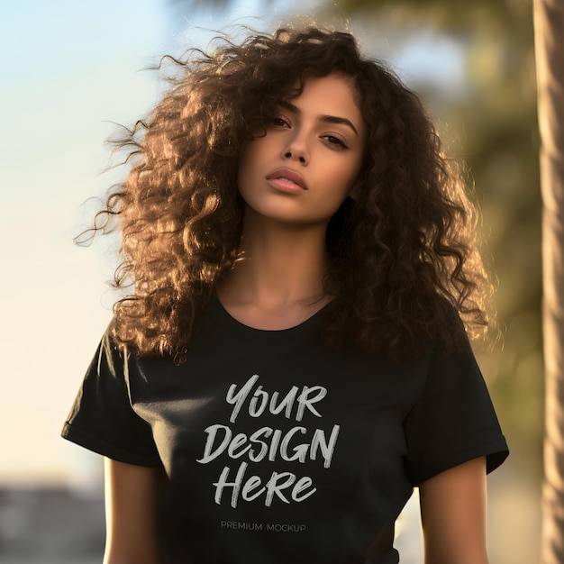 PSD schöne junge frau in schwarzem t-shirt psd mockup perfekt für den sommerurlaub